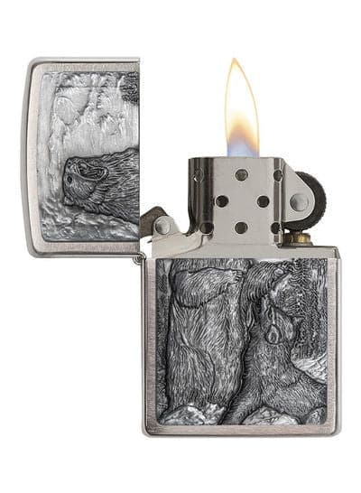 Zippo 29636 200 Bear Vs Wolf Brushed Chrome Windproof Lighter, Classic Model, Silver - OUTBACK