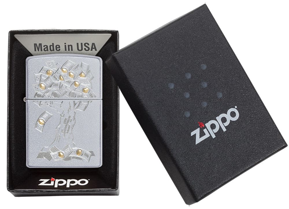 Zippo 29999 205 Money Tree Design Satin Chrome Windproof Lighter, Classic Model, Silver - OUTBACK