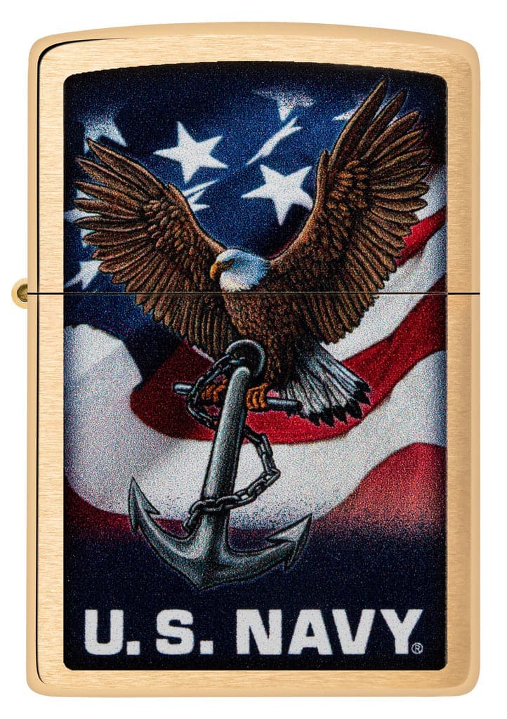 Zippo 48549 204B U.S. Navy Eagle Anchor & Flag Brushed Brass Windproof Lighter - OUTBACK