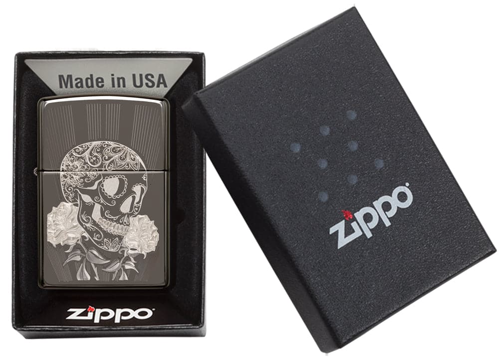 Zippo 29883 Fancy Skull Design Black Ice Windproof Lighter, Classic Model, Black - OUTBACK