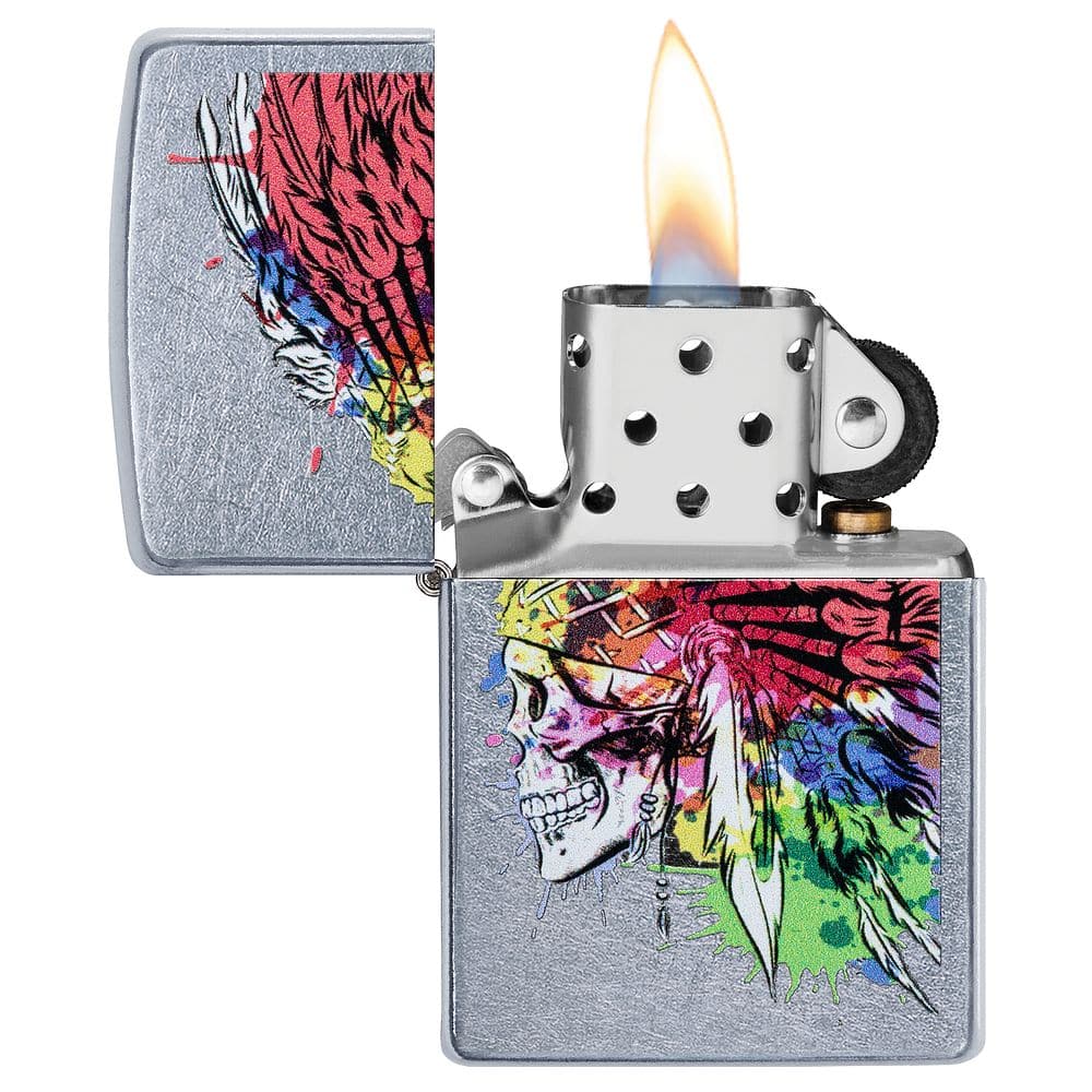 Zippo 49111 207 Skull With Headdress Design Street Chrome Windproof Lighter, Classic Model, Multi-colour - OUTBACK