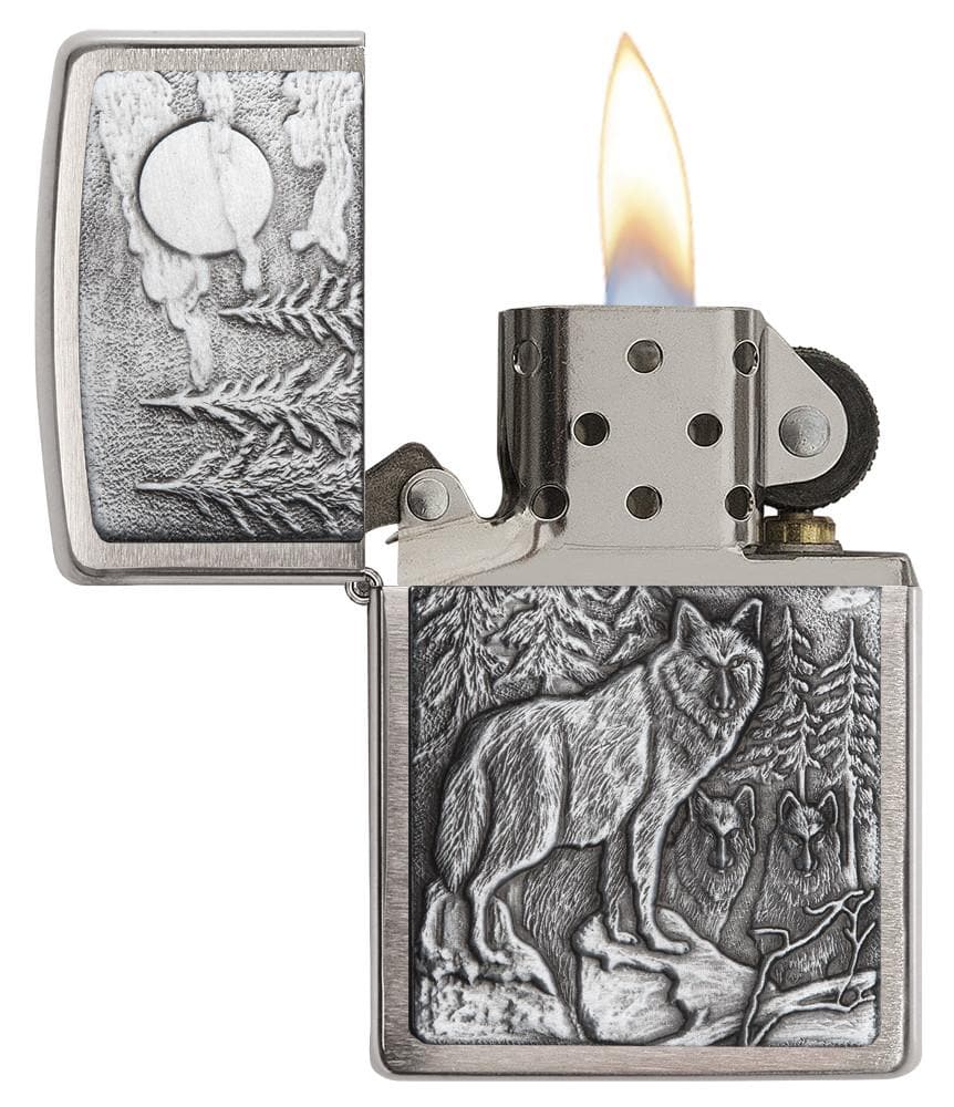 Zippo 20855 200 Timber Wolves Brushed Chrome Windproof Lighter, Classic Model, Silver - OUTBACK