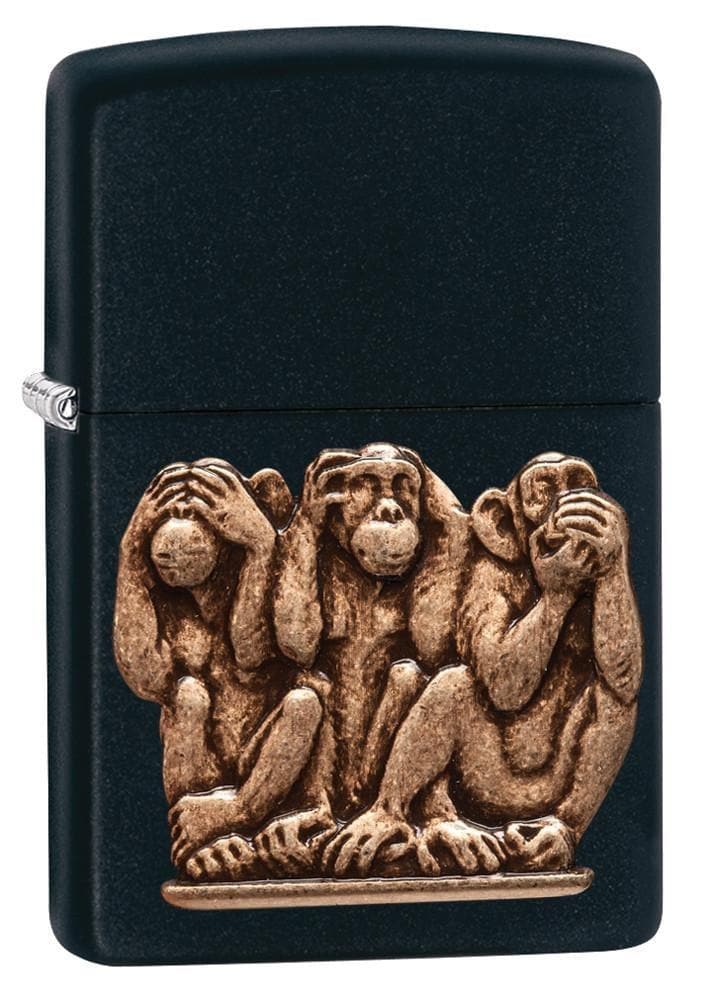 Zippo 29409 218 Zippo Three Monkeys Emblem Black Matte Windproof Lighter, Classic Model, Black - OUTBACK