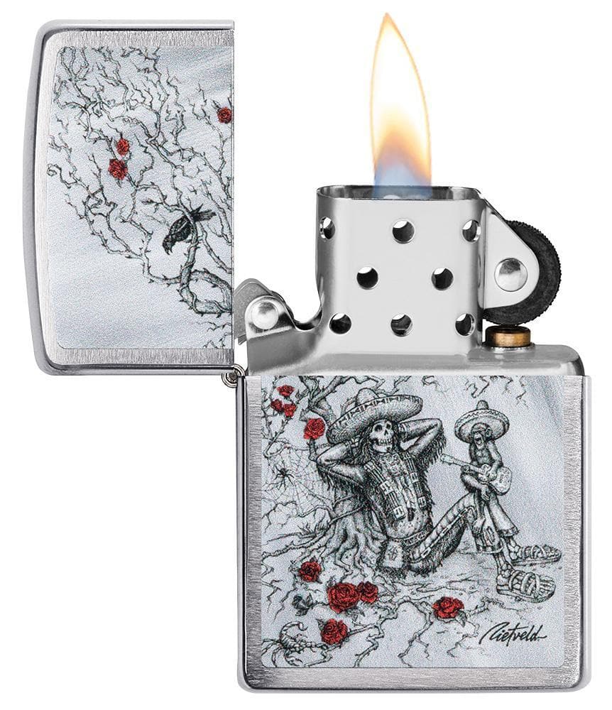 Zippo 49144 200 Rietveld Day of the Dead Skeleton Brushed Chrome Windproof Lighter, Classic Model, Silver - OUTBACK