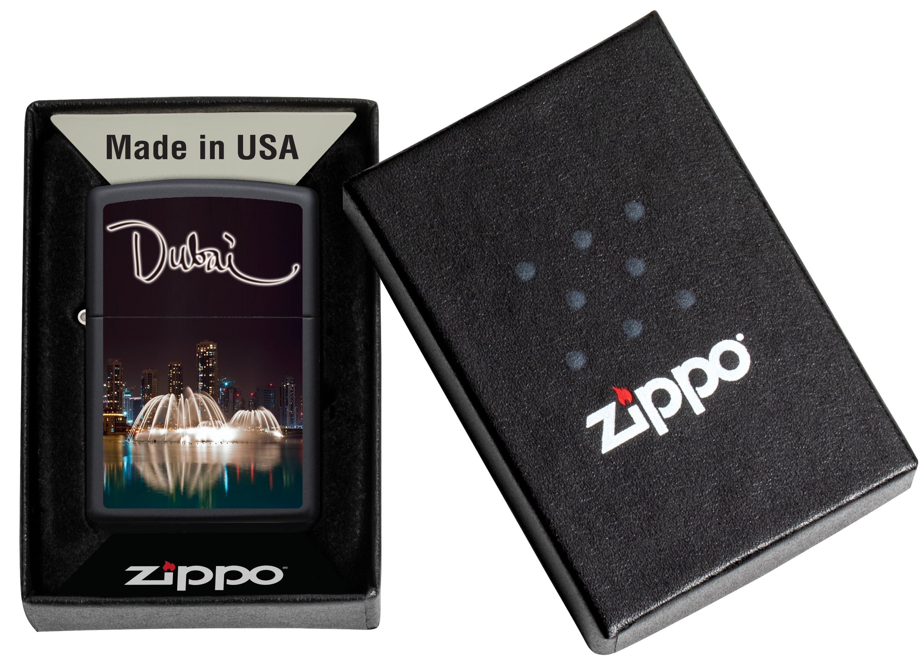 Zippo CI014284 218 Dubai Water Fountain Design Black Matte Windproof Lighter, Middle East Model, Black - OUTBACK