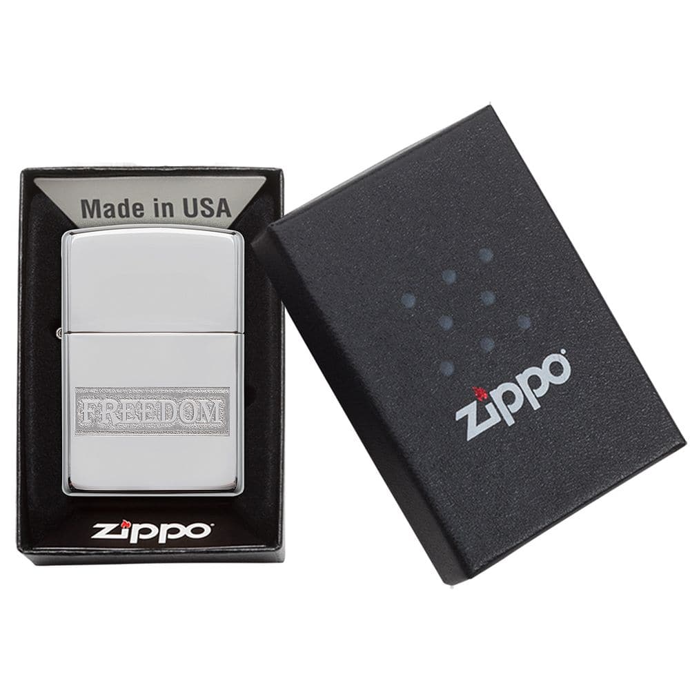 Zippo 49129 Etched Freedom Design High Polish Chrome Windproof Lighter, Classic Model, Silver - OUTBACK