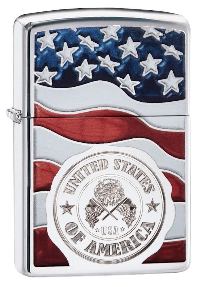 Zippo 29395 250 United States Stamp on American Flag Chrome Windproof Lighter, Classic Model, Silver - OUTBACK