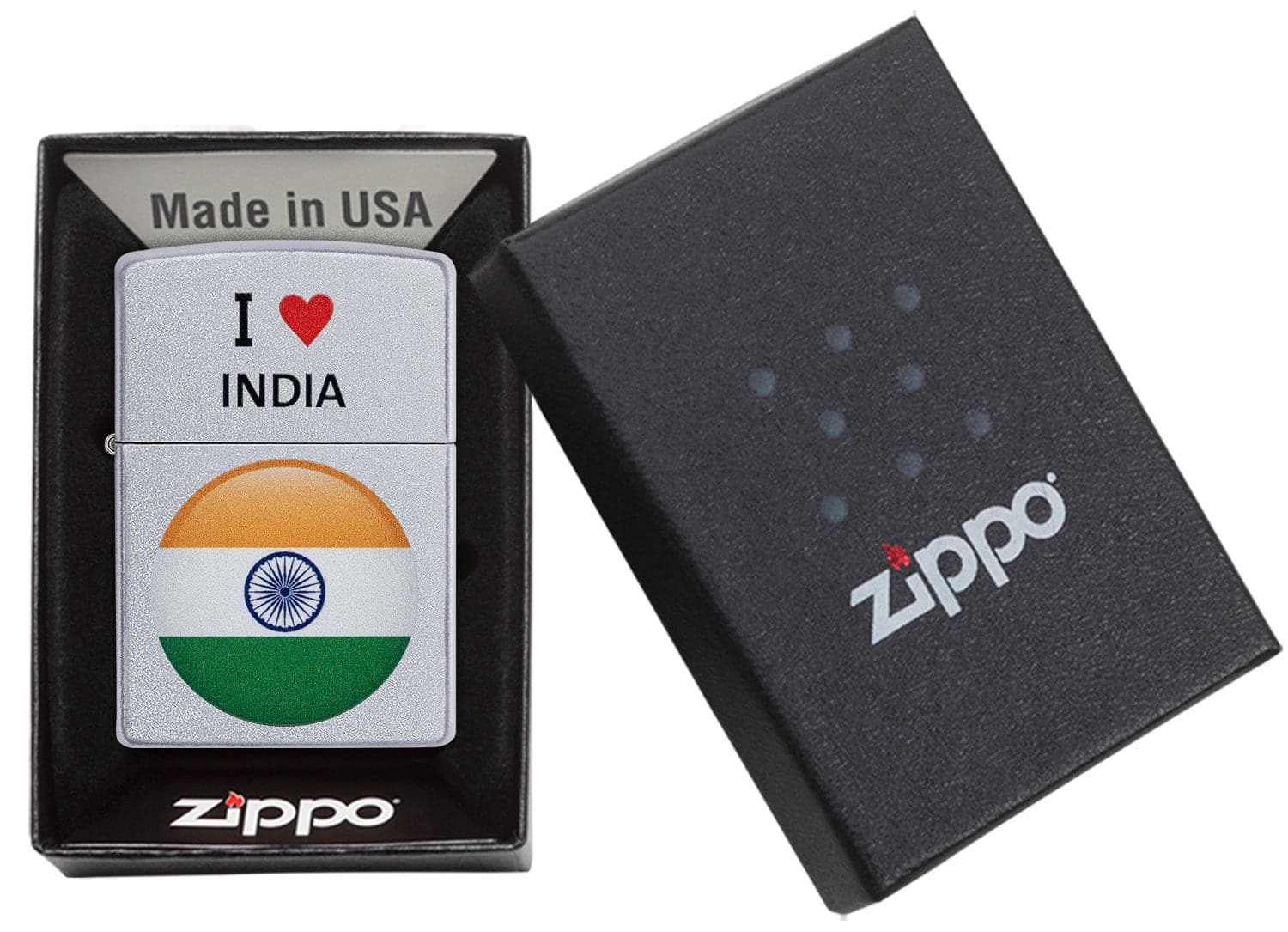 Zippo CI412388 205 I Love India Satin Chrome Design Windproof Lighter, Middle East Model, Silver - OUTBACK