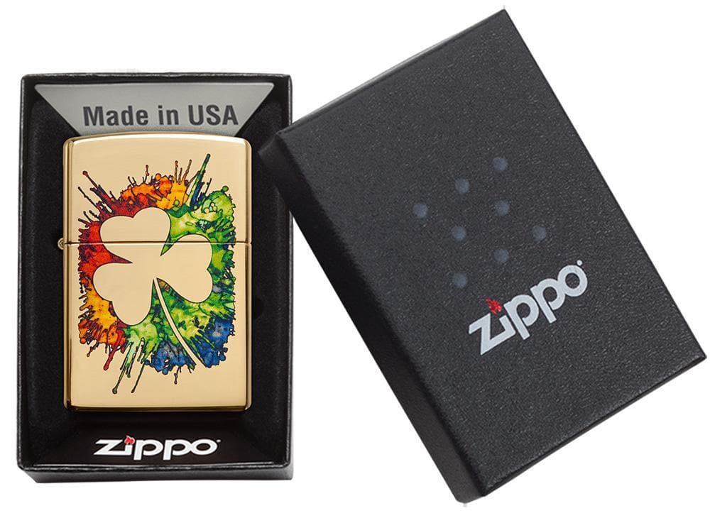 Zippo 49125 Graffiti Clover Design High Polish Brass Windproof Lighter, Classic Model, Gold - OUTBACK