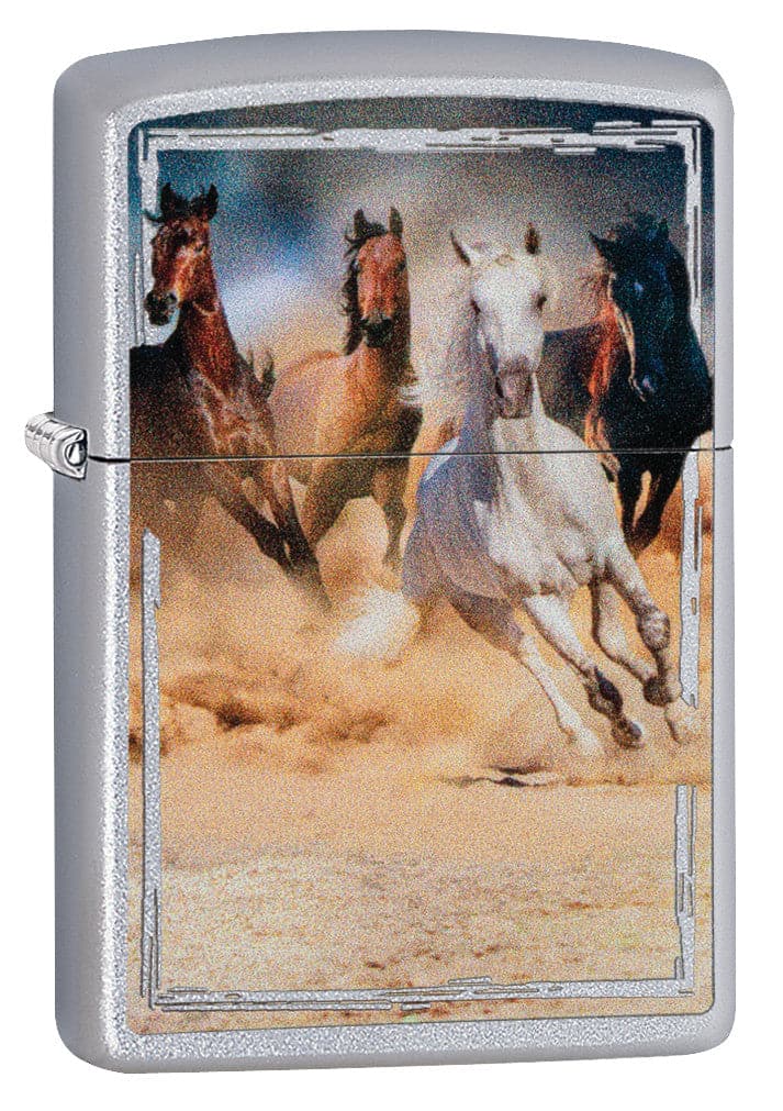 Zippo CI408447 205  Horses Design Satin Chrome Windproof Lighter, Middle East Model, Silver - OUTBACK