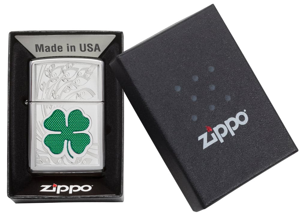 Zippo 24699 Clover High Polish Chrome Design Windproof Lighter, Classic Model, Silver - OUTBACK