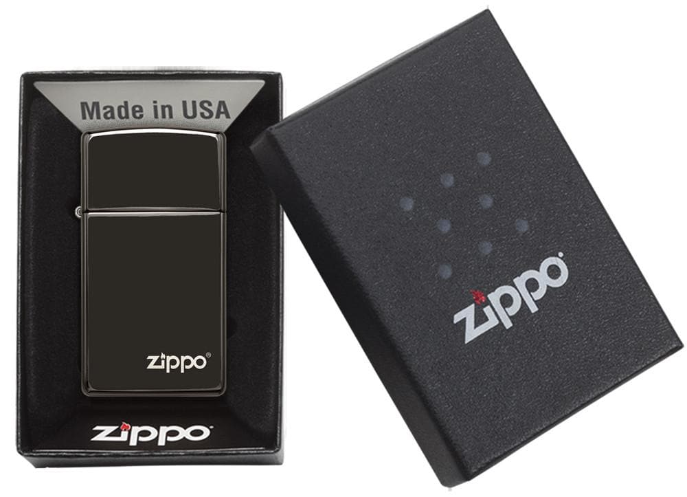 Zippo 28123ZL Slim High Polish Black Zippo Logo  Windproof Lighter, Slim Model, Black - OUTBACK