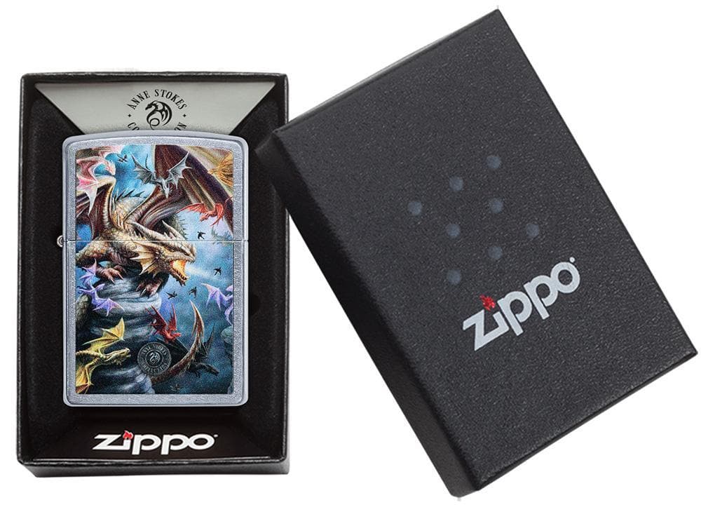 Zippo 49104 Anne Stokes Colorful Dragons Street Chrome Windproof Lighter, Classic Model, Silver - OUTBACK