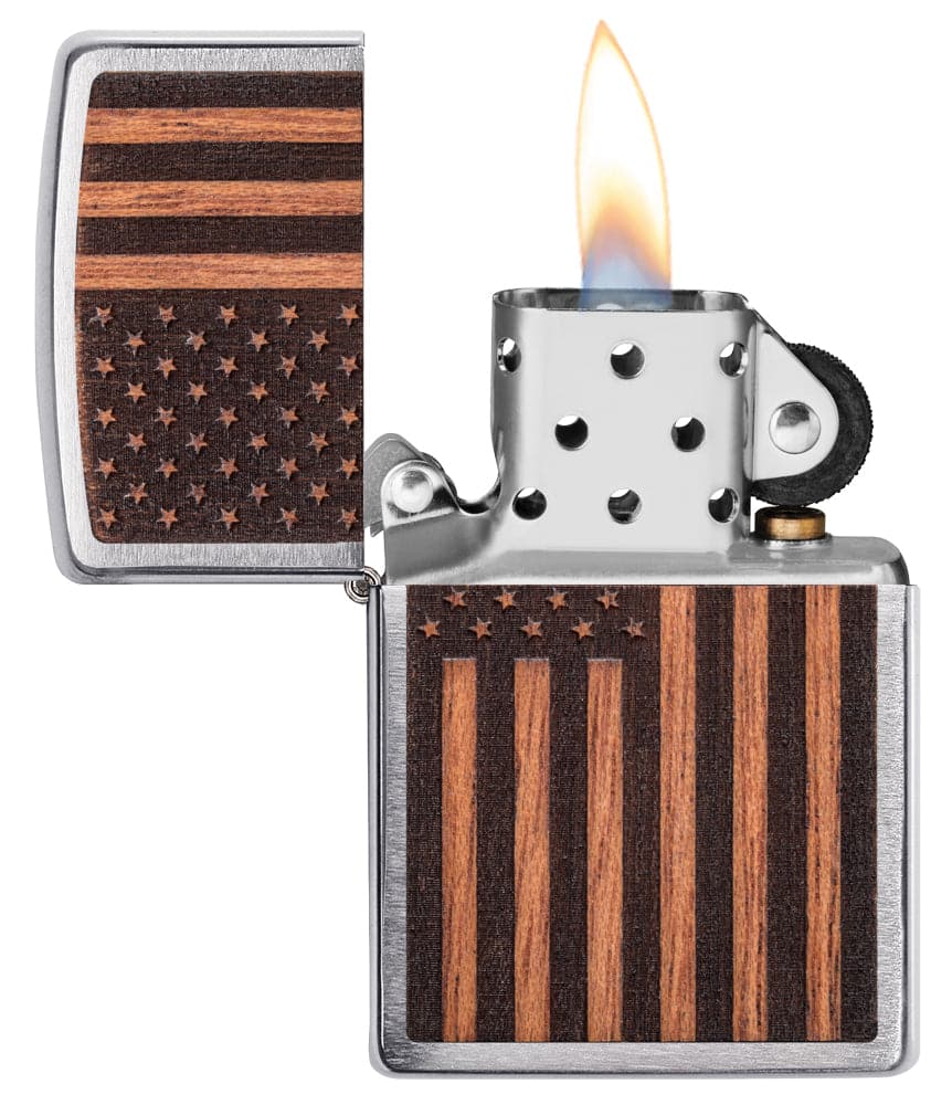 Zippo 29966 200 Woodchunk American Flag Brushed Chrome Windproof Lighter, Classic Model, Silver - OUTBACK