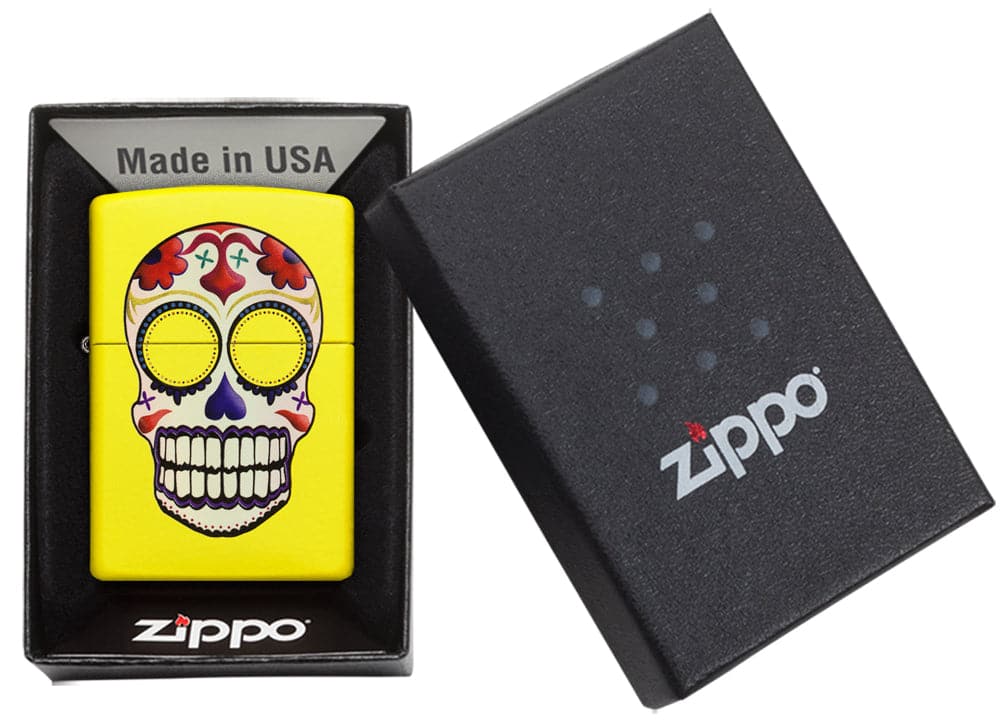 Zippo 24894 Day of the Dead Sugar Skull Neon Yellow Windproof Lighter, Classic Model, Yellow - OUTBACK