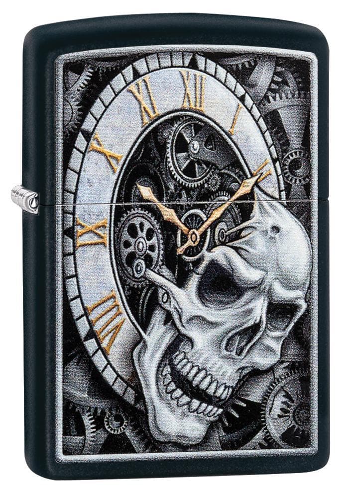 Zippo 29854 218 Skull Clock Design Black Matte Windproof Lighter, Classic Model, Black - OUTBACK