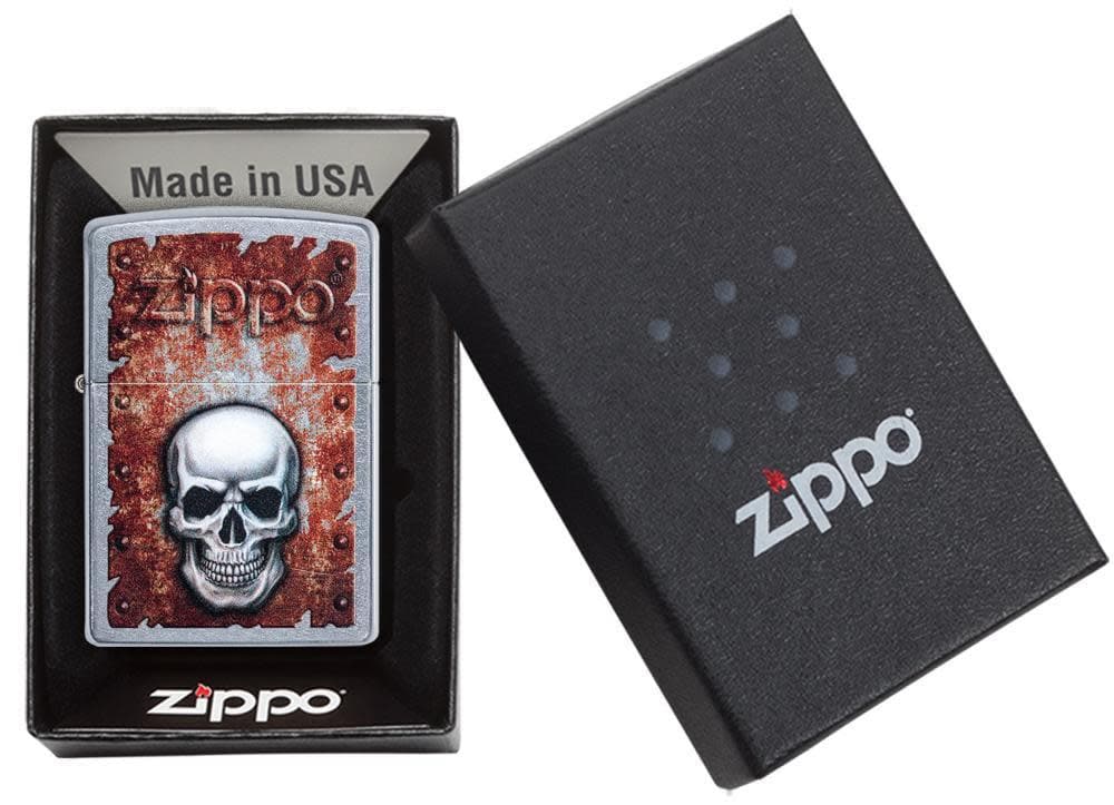 Zippo 29870 207 Rusted Skull Design Street Chrome Windproof Lighter, Classic Model, Silver - OUTBACK