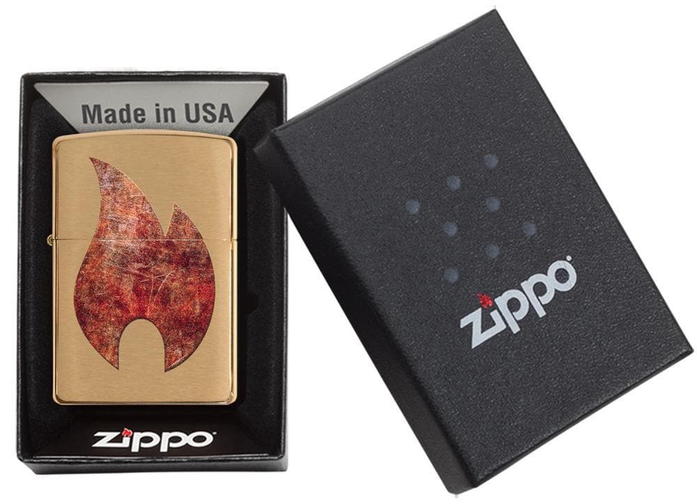 Zippo 29878 204B Rusty Flame Design Brushed Brass Windproof Lighter, Classic Model, Gold - OUTBACK