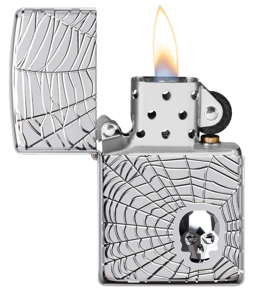 Zippo 29931 167 Spider Web Skull Design High Polish Chrome Windproof Lighter, Classic Model, Silver - OUTBACK