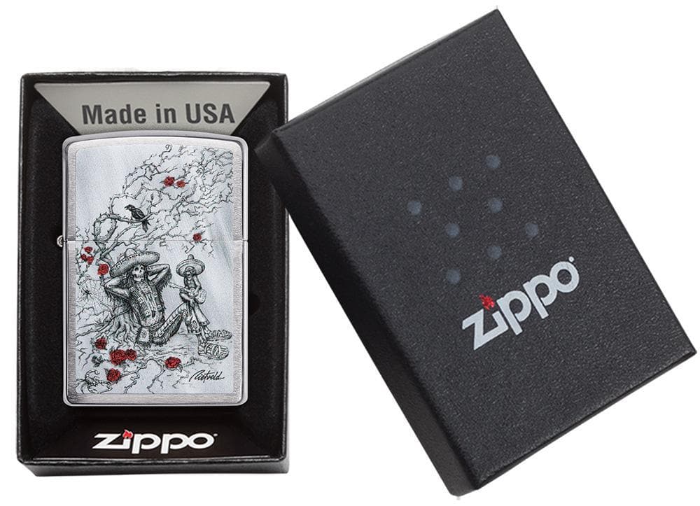 Zippo 49144 200 Rietveld Day of the Dead Skeleton Brushed Chrome Windproof Lighter, Classic Model, Silver - OUTBACK