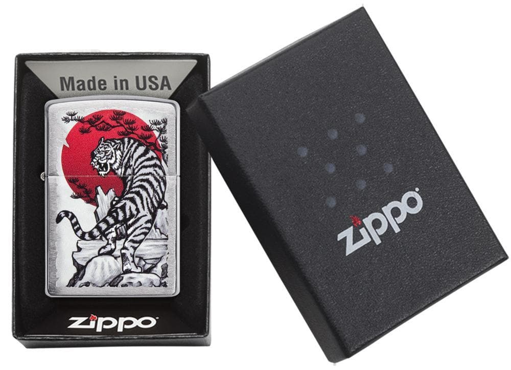 Zippo 29889 Asian Tiger Design Brushed Chrome Windproof Lighter, Classic Model, Silver - OUTBACK