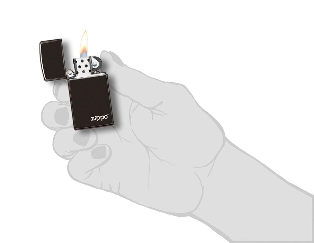 Zippo 28123ZL Slim High Polish Black Zippo Logo  Windproof Lighter, Slim Model, Black - OUTBACK