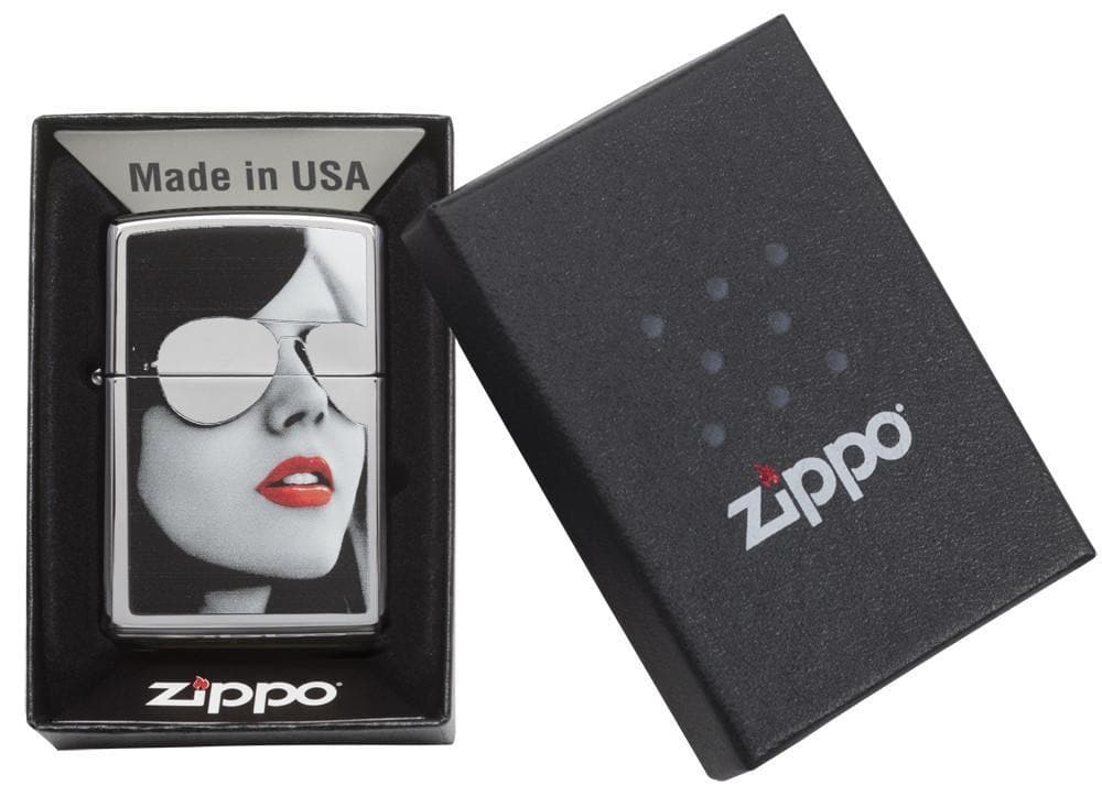 Zippo 28274 250 Girl with Reflective Sunglasses and Red Lipstick High Polish Chrome Lighter, Classic Model, Silver - OUTBACK