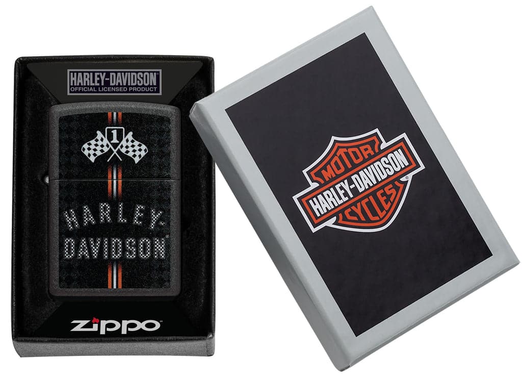 Zippo 48558 236 Harley Davidson Checkered Flags Design Black Crackle Windproof Lighter - OUTBACK