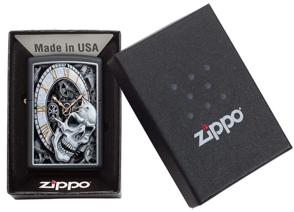 Zippo 29854 218 Skull Clock Design Black Matte Windproof Lighter, Classic Model, Black - OUTBACK