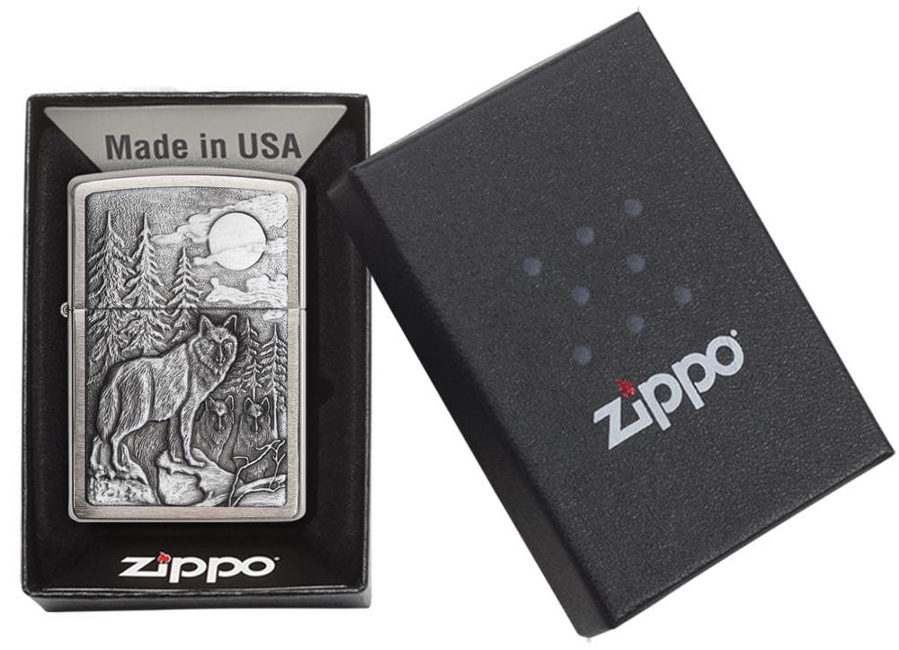 Zippo 20855 200 Timber Wolves Brushed Chrome Windproof Lighter, Classic Model, Silver - OUTBACK