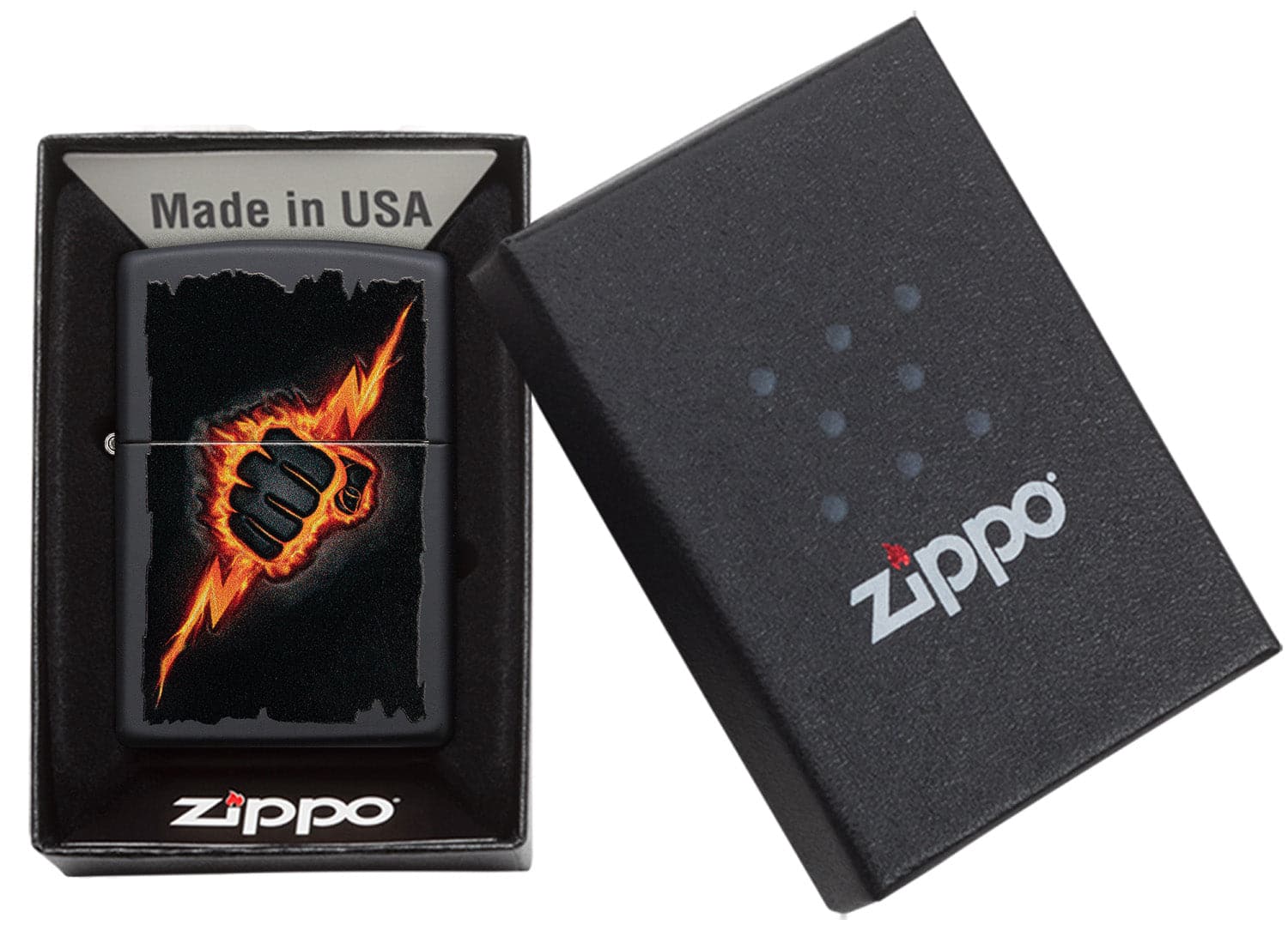 Zippo CI412372 218 Lightning Bolt Fist Design Black Matte Windproof Lighter, Middle East Model, Black - OUTBACK