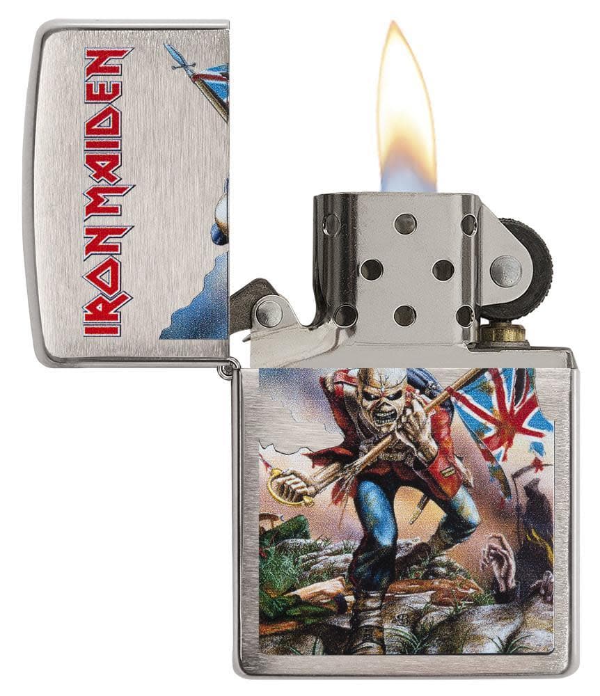 Zippo 29432 200 Iron Maiden Eddie Mascot Brushed Chrome Windproof Lighter, Classic Model, Silver - OUTBACK