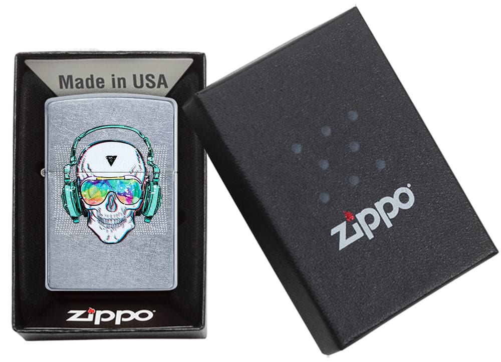 Zippo 29855 Skull Headphone Design Street Chrome Windproof Lighter, Classic Model, Silver - OUTBACK