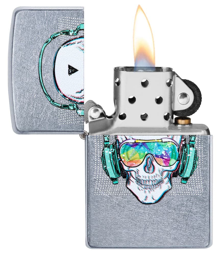 Zippo 29855 Skull Headphone Design Street Chrome Windproof Lighter, Classic Model, Silver - OUTBACK