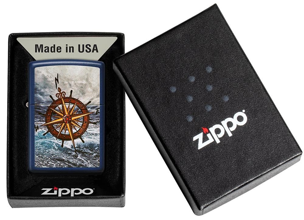 Zippo 49408 239 Compass Design Navy Matte Windproof Lighter, Classic Model, Blue - OUTBACK